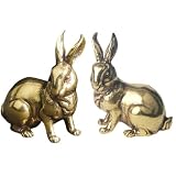 ZJUN Set of 2 Solid Brass Rabbit Figurines - Vintage Bronze Bunny Statues, Miniature Metal Animal Sculptures for Desk Decor, Collectibles, Paperweights & Lucky Feng Shui Gifts