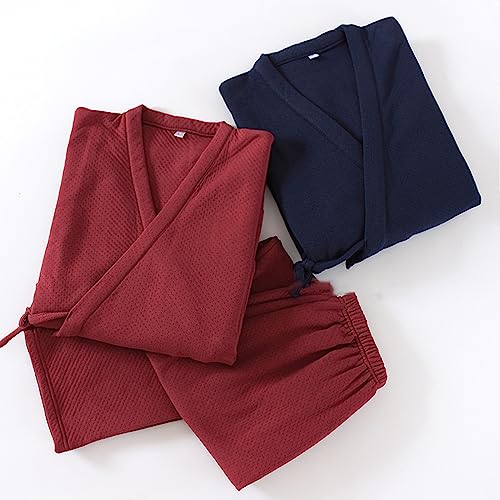 Men's Thicken Pajamas Suit Autumn/Winter Japanese 2-Piece Cotton Bathrobe Kimono Pjs Set3