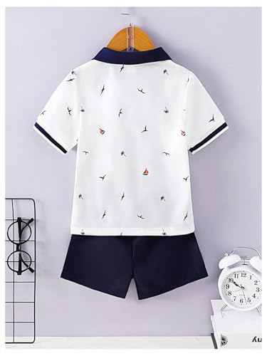 Image of WDIRARA Boy's 2 Piece Outfits Printed Button Front Short Sleeve Collar Tee Top and Shorts Set White 6Y
