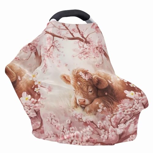 Image of Wanyint Highland Cow Flower Pink Infant Car Seat Cover Cute Car Seat Cover for Babies, Carseat Canopy Baby Breastfeeding Stroller High Chair Shopping Cart Cover