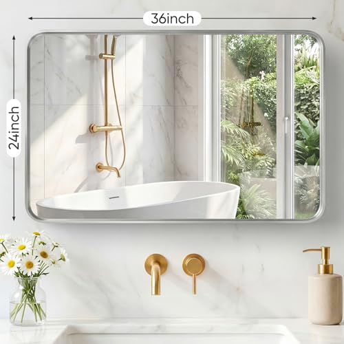 Image of Sweetcrispy Bathroom Mirror 36x24 Inch Metal Framed Rounded Rectangle Vanity Mirror for Wall, Over Sink, Farmhouse, Restroom, Anti-Rust, Modern Decorative, Horizontal or Vertical Hanging, Silver
