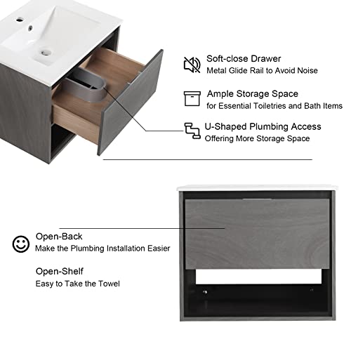 24" Bathroom Vanity Set Wall Mounted, Modern Grey Bathroom Vanity With Sink Combo, High Gloss Floating Single Sink Bathroom Cabinet Set W/Ceramic Sink, Solid Wood Storage Drawer, Soft Door #TOP4