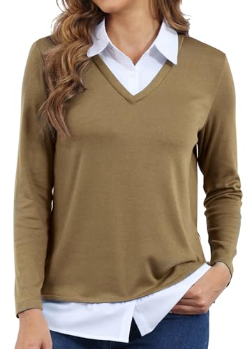Image of Vldnery Womens Fall Winter Sweater 2025 Trendy Clothes Oversized V Neck Long Sleeve Shirts 2 in 1 Outfit Casual Pullover Tops