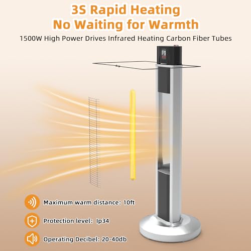 Outdoor Patio Heater, 1500W Infrared Patio Heater with Remote, 9 Heat Levels, 24H Timer, Tip-Over & ip34 Protection, 35In Towel Space Heater for Backyard, Garage, Office, Indoor Use