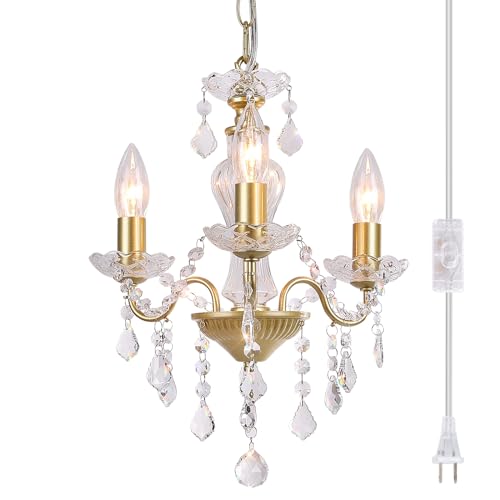 Chanlited Plug in Modern 3-Light Gold Chandelier with Glass Crystals, Candle Style Pendant Light...
