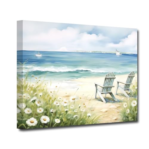 LZIMU Dipinti costieri Decorazioni per il bagno Stampa di fiori sulla spiaggia al mare su tela Decorazione da parete con paesaggio marino sull'oceano (A, 30.00 x 45.00 cms)