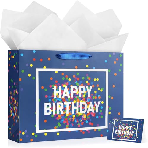 Image of JMANNI Large Happy Birthday Gift Bag with Tissue Papers and Greeting Card,Portable Paper Gift Bags with Handles, Navy Blue Present Bags for Women Men Birthday Party Supplies 13 inch x 10.2 inch x 4.7 inch
