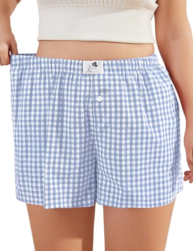 Image of COOTRY Plus Size Women Boxer Shorts Cotton Plaid Gingham Shorts Casual Pajama Sleep Shorts Y2K Beach Bottoms