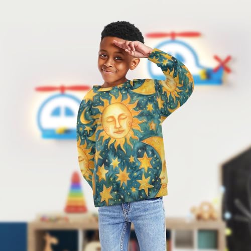 Golden Sun Moon Stars Boho Little Boys Sweatshirt Hoodie Long Sleeve Fall Tops Shirts Camping 4T4