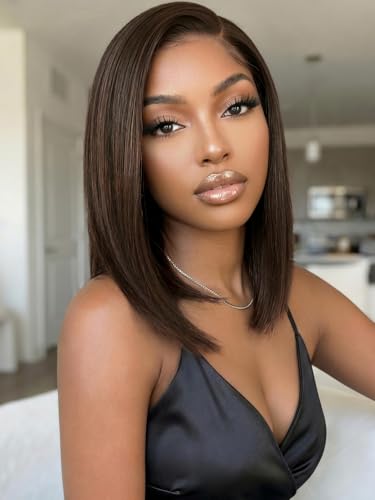 KLAIYI Bye Bye Slip™ Glueless Dark Chocolate Brown Side Part Yaki Straight Bob Wig Human Hair Ombre Precut 7x5Lace Front Wig Drawstring Blunt Cut Pre Plucked Bleached Knots Ready to Wear Go Wig 14Inch