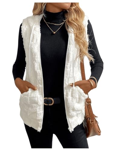 Verdusa Women's Fuzzy Fleece Vest Zip Up Sleeveless Hooded Jacket with Pockets