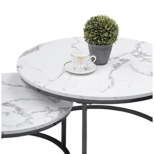 Nesting Coffee Tables Set Of 2, 31.5" Round Coffee Table For Living Room, Marble Pattern Wooden Tabletop & Black Sturdy Metal Frame Tables, Modern Bedroom Simple Nightstand #TOP7