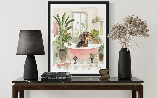 Image of Dachshund in Bathtub Black Framed Wall Art Poster Print, Animal Bathtub Restroom Wall Art Painting for Bathroom Decor Gallery Gallery 30 (Dachshund in Bathtub, 10 inch L x 8 inch W, Black Frame)