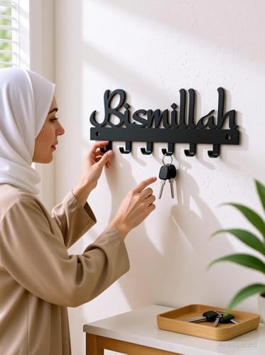 Image of Ventuos Bismillah Islamic Metal Key Holder Wall Hanging | 1.2 mm Thick Mild Steel | Decorative Entrance Key Stand | Home & Office Wall Decor | Black
