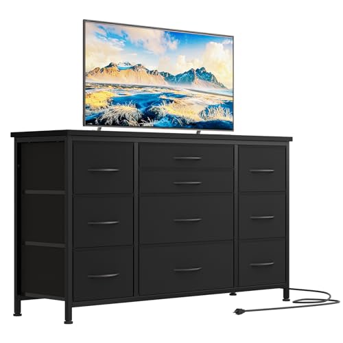 Jojoka Wide Dresser with 10 Large Drawers for 55'' Long TV Stand with Power Outlet Entertainment Center, Storage Fabric Drawer Unit for Bedroom, Closet, Entryway, Sturdy Metal Frame, Black