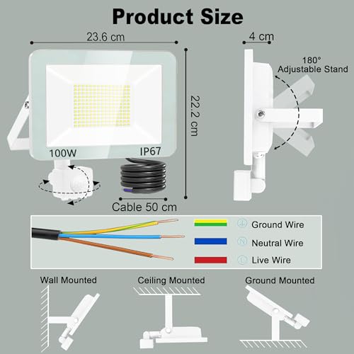 Projecteur LED extérieur détecteur de mouvement 100W IP67 étanche 10000LM blanc froid pour jardin - 6