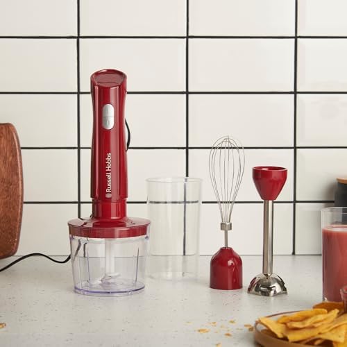 Bild 1 - Russell Hobbs Stabmixer [3-in-1: Mixer,Schneebesen & Zerkleinerer/Pürierstab] Desire Red (600ml Mixbecher, Spülmaschinengeeignetes Zubehör,Edelstahlmesser, für Smoothies,Suppen,Saucen & Dips) 27142-56