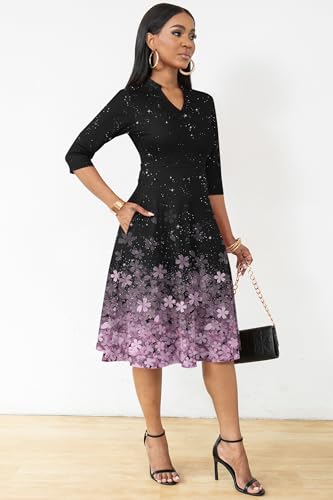 Image of Nmoder Casual Dresses for Women Semi Formal Fit and Flare 3 /4 Sleeve A-line Church Work Dress with Pockets