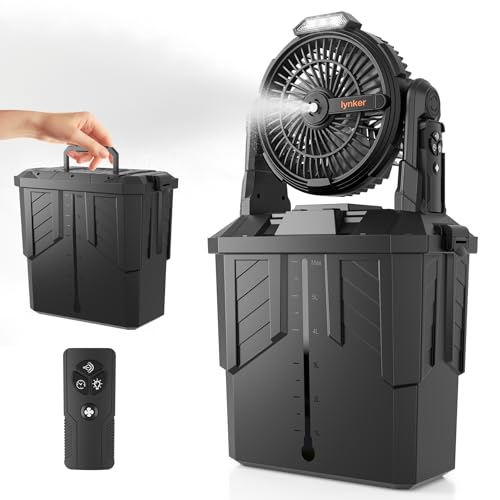 lynker Portable Misting Fan with Remote, Camping Fan with 20000mAh Rechargeable Battery Operated, 6L Water Tank, 3 Speed Levels, 2 Spray Modes, Hanging & Lighting for Outdoor Indoor Cooling (Black)