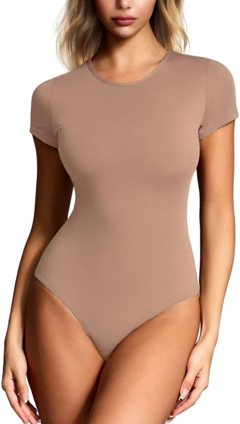Mobeso Women's Double-Lined Round Neck Short Sleeve Bodysuit Seamless T-Shirt Body Suits Basic Tops for Women