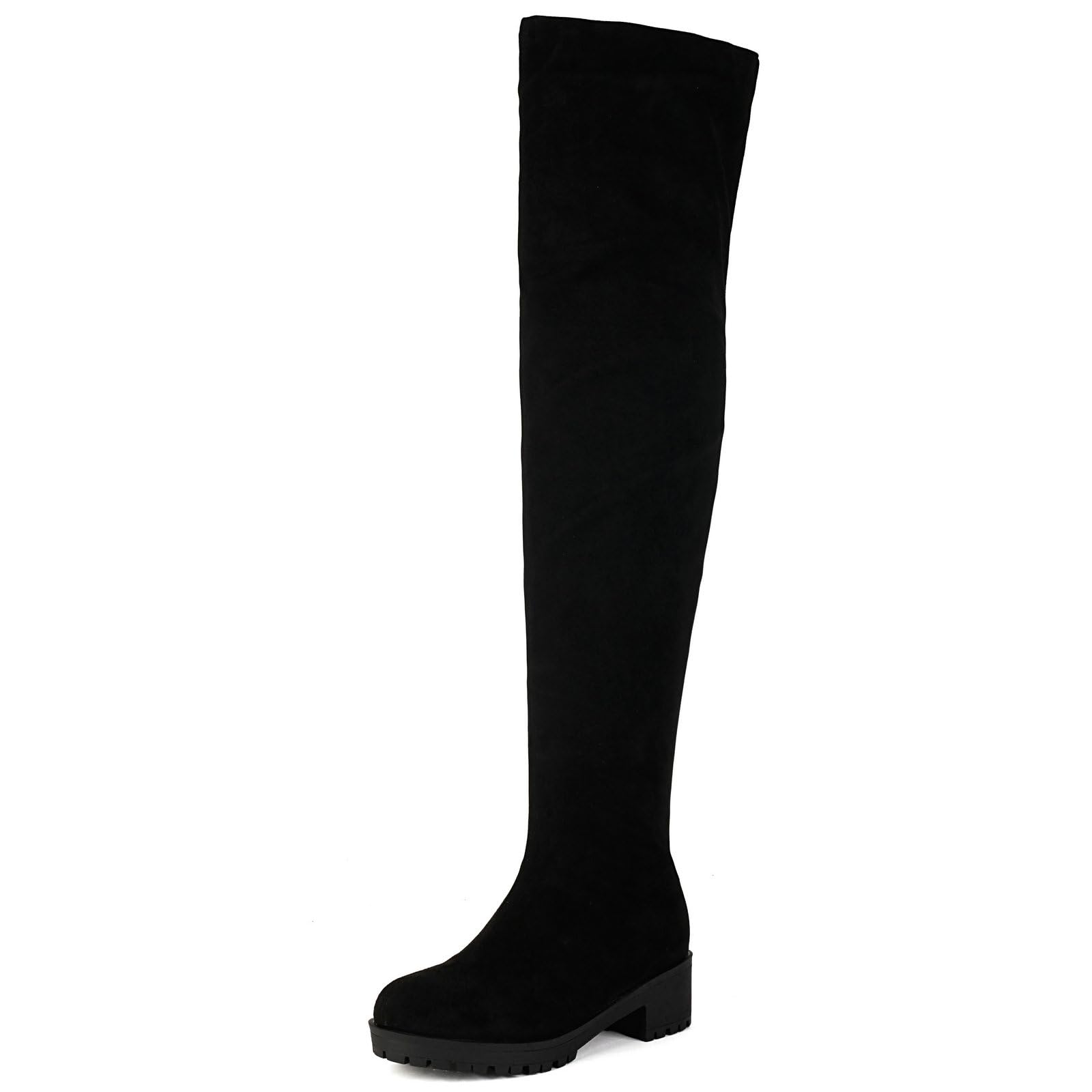 DINTAHA Stretch Thigh High Low Heel Boots Chunky Heel Faux Suede Over The Knee Boots for Women