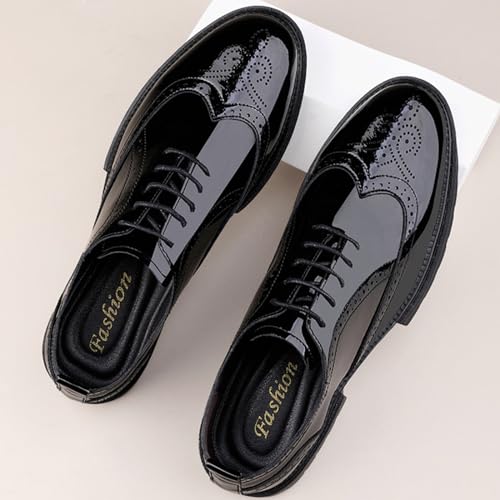 Men's Patent Leather Carved Brogue Oxford Shoes with Adjustable Laces, Casual Thick Sole Business Shoes2