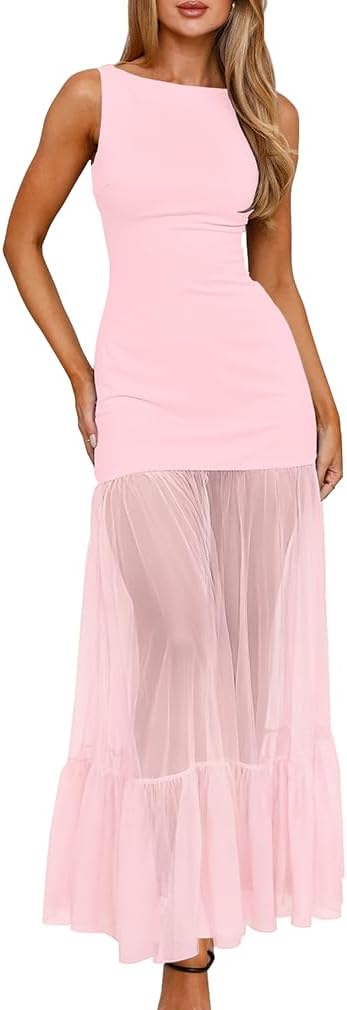 LAGSHIAN Women's Elegant Crew Neck Backless Maxi Dress Sleeveless Back Tie Mesh Evening Long Dresses