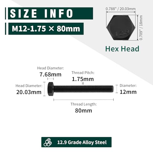 Image of M12-1.75 x 80mm Hex Bolts, 12.9 Grade Alloy Steel, Black Oxide Finish, Full Thread, Coarse Thread UNC, Hexagon Head Bolts 5 PCS