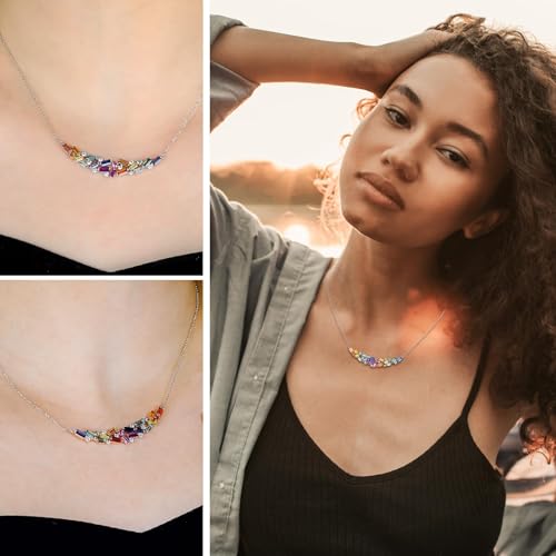 Curved Bar Baguette Necklace for Women 925 Sterling Silver Lab Created Colorful Gemstone Pendant Necklace3