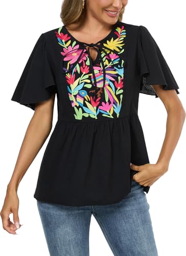 Image of Mexican Shirts Peasant Blouses for Women Cotton Embroidered Blouses Fiesta Summer Bohemian Shirts 3 /4 Sleeves
