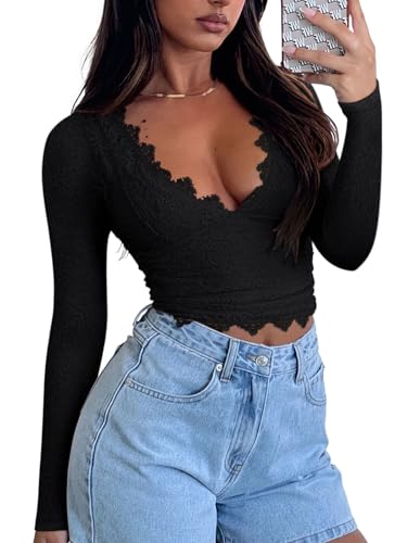 REORIA Womens Sexy V-Neck Long Sleeve Shirts Double Lined Slim Fitted Trendy Lace Y2K Going Out Crop Top4