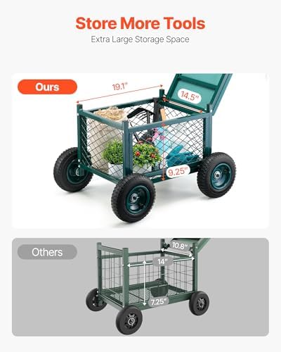 VEVOR Rolling Garden Cart with Seat, Metal Rolling Garden Work Seat with Wheels, Supports up to 400 LBS, Heavy Duty Gardening Cart Scooter, Outdoor Wagon & Stool on Wheels for Lawn, Patio, Backyard - 2