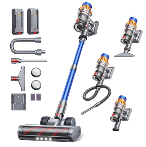 Fieety Cordless Vacuum Cleaner with 2 Batteries, 130Mins 600W 50KPa Stick Vacuum with Touch Screen Auto Mode, Self-Standing & Aroma, Wall-Charging, Lightweight Vacuums for Hard Floor Carpet Pet Hair