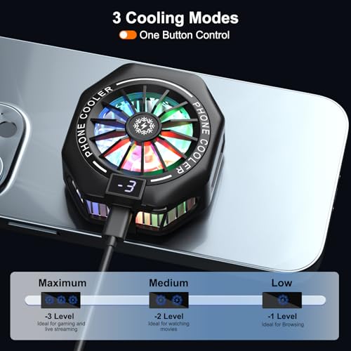 Image of Amsdifio Phone Cooler for Gaming, 15W Magnetic Mobile Cooler, Gaming Cooling Fan with 3 Level Model Dislay, RGB Light, Semiconductor & 7-Blade Fan, Phone Cooling Pad for IOS & Android Phones