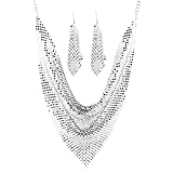 COLORFUL BLING Thick Sequins Tassel Choker Necklace Chunky Fringe Pyramid Bib Stetement Necklace Sequins Collar with Tassel Earrings Jewelry Set-Silver