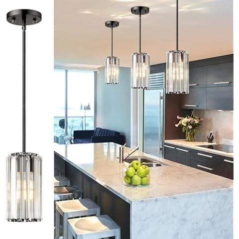 Mlihove Island Pendant Lights Black, 1 Light Island Lights for Kitchen, Crystal Mini Pendant Kitchen Island Lighting Fixture Ceiling for Dinning Room Living Room Hallyway Porch Bedrooms Cover
