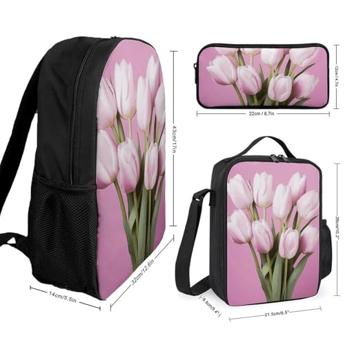 3 Piece Backpack for Women Men Lightweight Causal Daypack Shoulder Bag Set with Insulated Lunch Bag And Pencil Case Organizers Beautiful Flower2