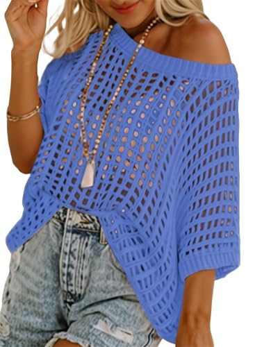 Elaiborate Knit Top, Womens Summer Scoop Neck Shortsleeve Sweater Casual Crochet Hollow Out Knittops