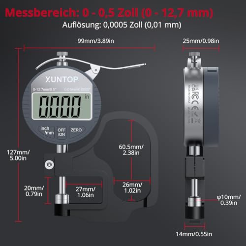 XUNTOP Digitales Dickenmessgerät Messbereich 0-12.7mm Elektronischer Mikrometer Zoll/metrisch elektronischer Prozent-Dickenmessgerät mit präziser LCD-Anzeige