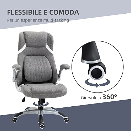 Sedia da Ufficio Ergonomica con Braccioli Ribaltabili e Poggiatesta, Sedia Scrivania Girevole con Supporto Lombare, Altezza Regolabile e Funzione Dondolo in Tessuto per Studio, Grigio - Sedia gaming - Immagine 7