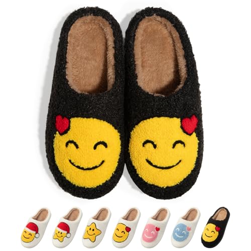 ATHMILE Smiley Face Slippers for Women Men Indoor Cute House Shoes Fuzzy Fluffy Cozy Slippers Happy Face Preppy Comfy for Bedroom Outdoor