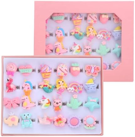 MOLIULIU 24pcs Little Girl Jewel Rings in Box, Adjustable, No Duplication Kids Play Ring,Pretend Play and Dress Up Ring for 4-12 Year Old Girl Birthday Gifts, 3 4 5 6 7 8 9 10 11 12 Year Old Girl Toy Rings for Kids