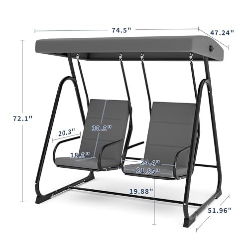 Image of GarveeLife 2 Person Porch Swing Chair, Heavy Duty Outdoor Patio Swing Glider with Adjustable Canopy & Removable Cushions, Independent Swing Chairs for Garden, Balcony, Poolside, Backyard, Dark Grey