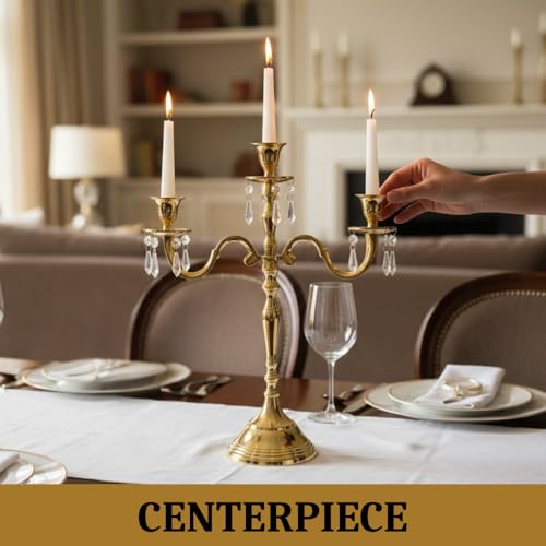 Image of Premium 16 Inch Golden Aluminum 3-Arm Candle Stand with Crystal Hangings | Luxury Centerpiece for Home Decor, Weddings, Festive Decoration & Dining Table