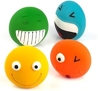 CHIWAVA 4 Pack 3.2" Small Dog Toys for Interactive Dogs Latex Rubber Flat Smile Balls Squeeze Squeaky Toy Fetch Play