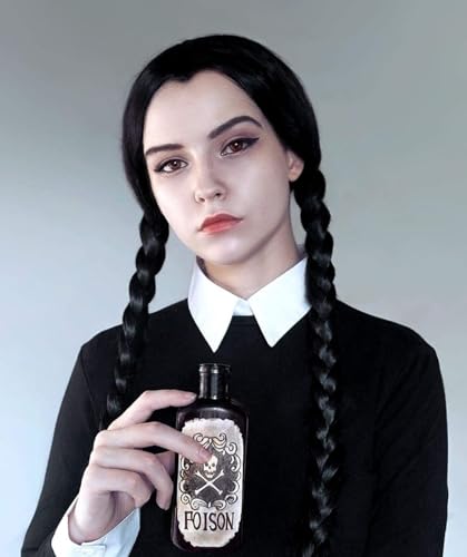 Image of ALLAURA Braided Black Wig Costume Wed. Black Braided Pigtail Wig Braids + Red Ribbons Costume Wig Halloween Costume | Compatible with Wednesday Wig