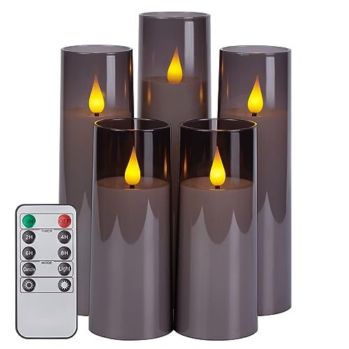 IMAGE Flickering Flameless Candles Battery Operated, Acrylic Shell Pillar 3D Wick LED Candles with 10-Key Remote Control Timer for Wedding Christmas Home Decor Set of 5 (D2.3 in X H5 5 7 7 8 in), Grey by IMAGE - Used condition - CA$15.38