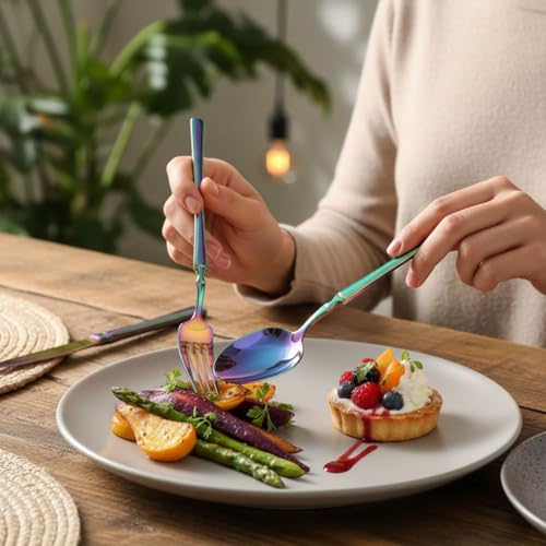 Image of 20 Pcs Rainbow Cutlery Set for Dining Table the Perfect Lightweight Silim Handle Tableware Including Dinner Spoon, Dinner Fork, Dinner Knife, Dessert Spoon & Dessert Fork