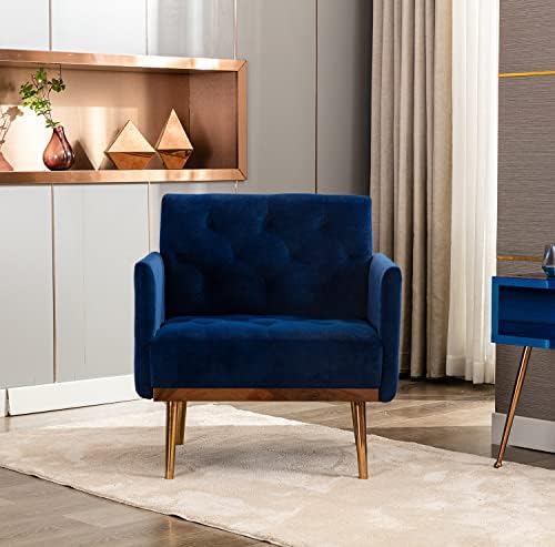 KINFFICT Modern Velvet Accent Chair, Upholstered Single Sofa Chair with Rose Gold Metal Trim, Comfy Living Room Lounge Armchair for Relaxing, Navy Blue