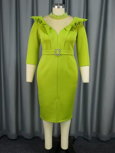 ONTINVA Dresses for Women 2025 High Neck 3/4 Sleeve Bodycon Beaded Work Midi Dress Church Dress with Belt3